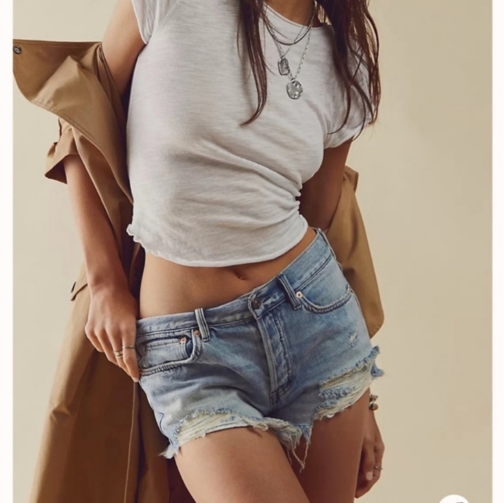We The Free People Distressed Vibrations Cutoff Light Blue Denim Shorts - Picture 6 of 9